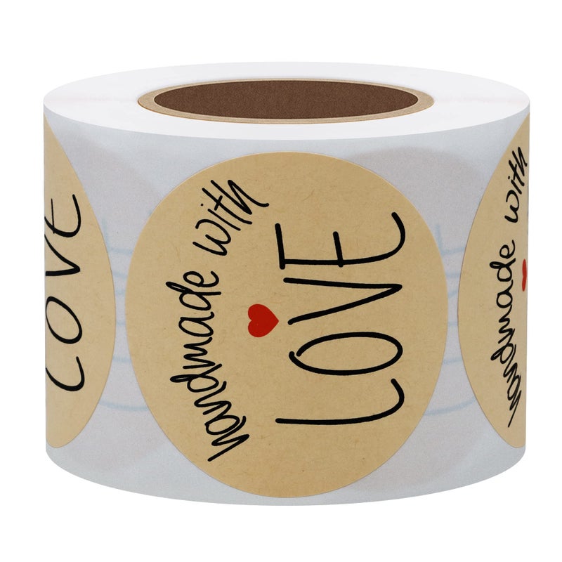 Hybsk Kraft Handmade with Love Stickers with Black Font Total 2" Round 300 Adhesive Labels Per Roll - Image 2